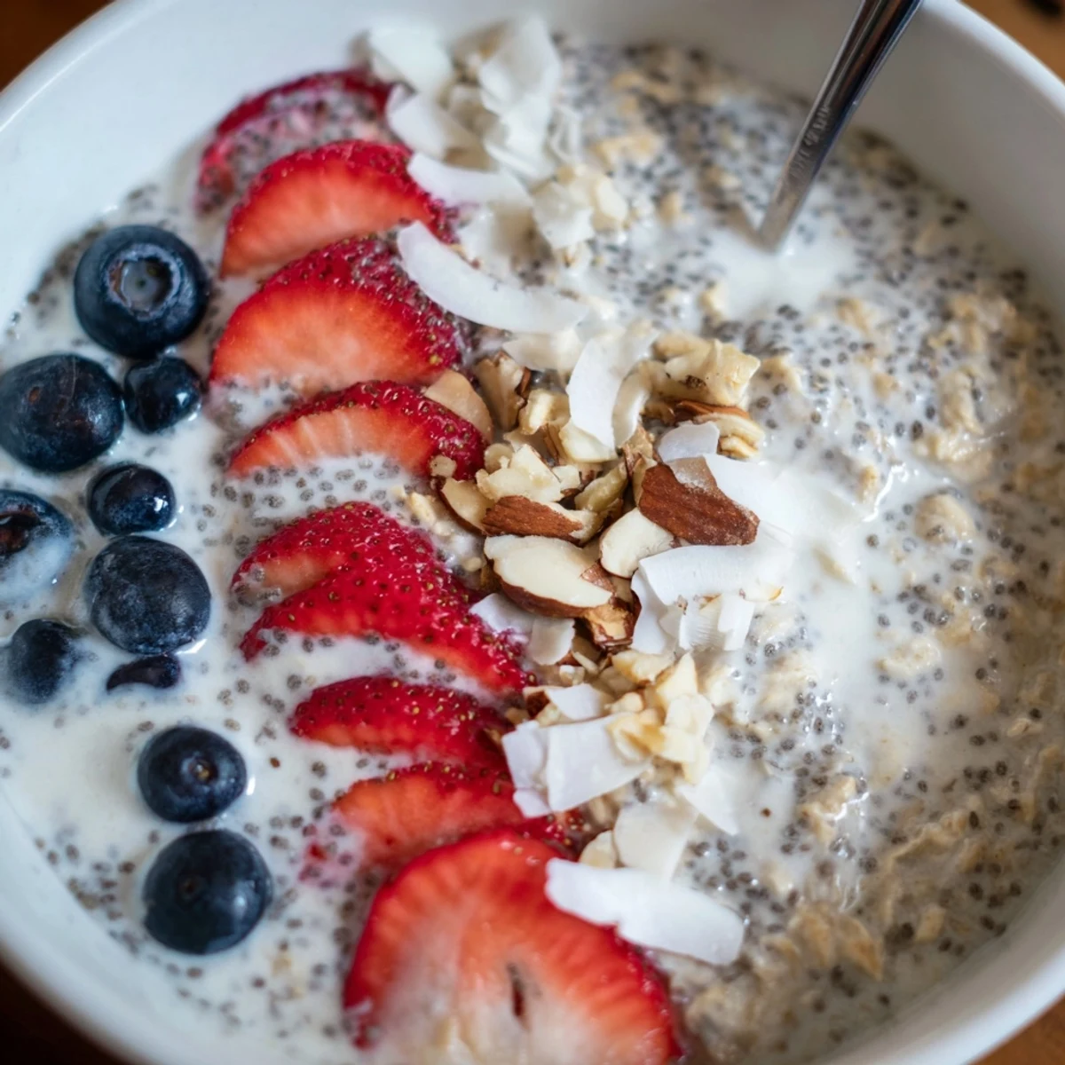 Creamy Healthy Coconut Cream Overnight Oats topped with berries and toasted coconut
