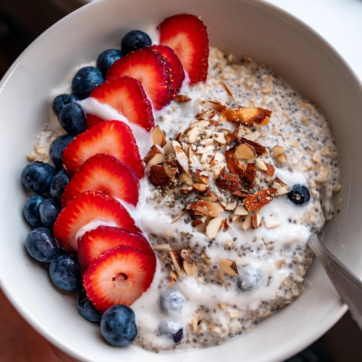 Chilled Healthy Coconut Cream Overnight Oats in jar, maple-drizzled, spoon ready