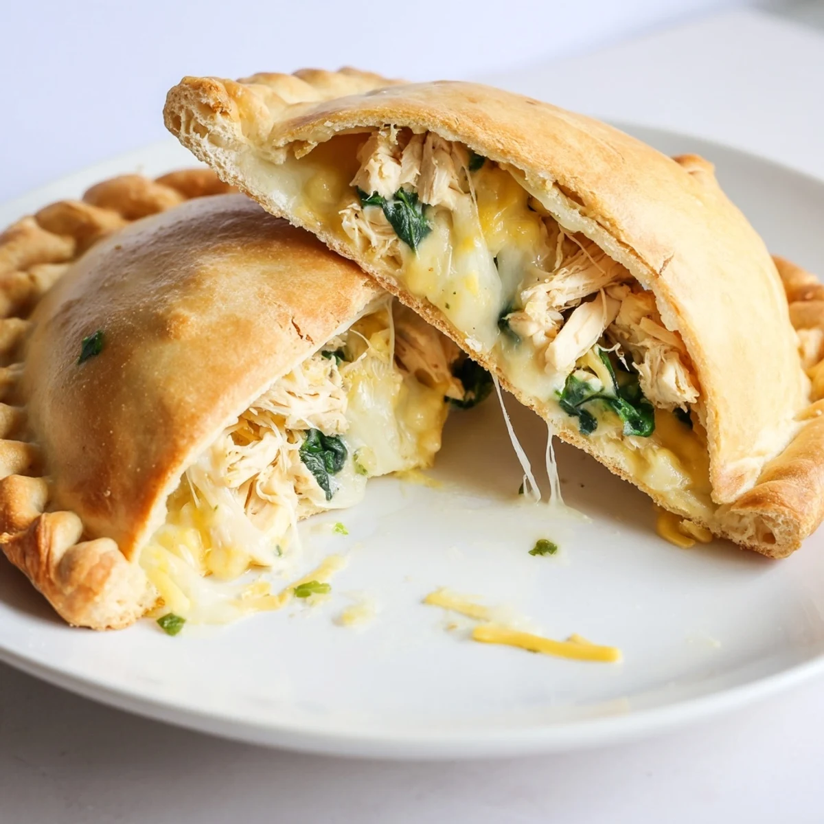 Crispy Cheesy Chicken Alfredo Air Fryer Calzones with golden crust, gooey cheese.