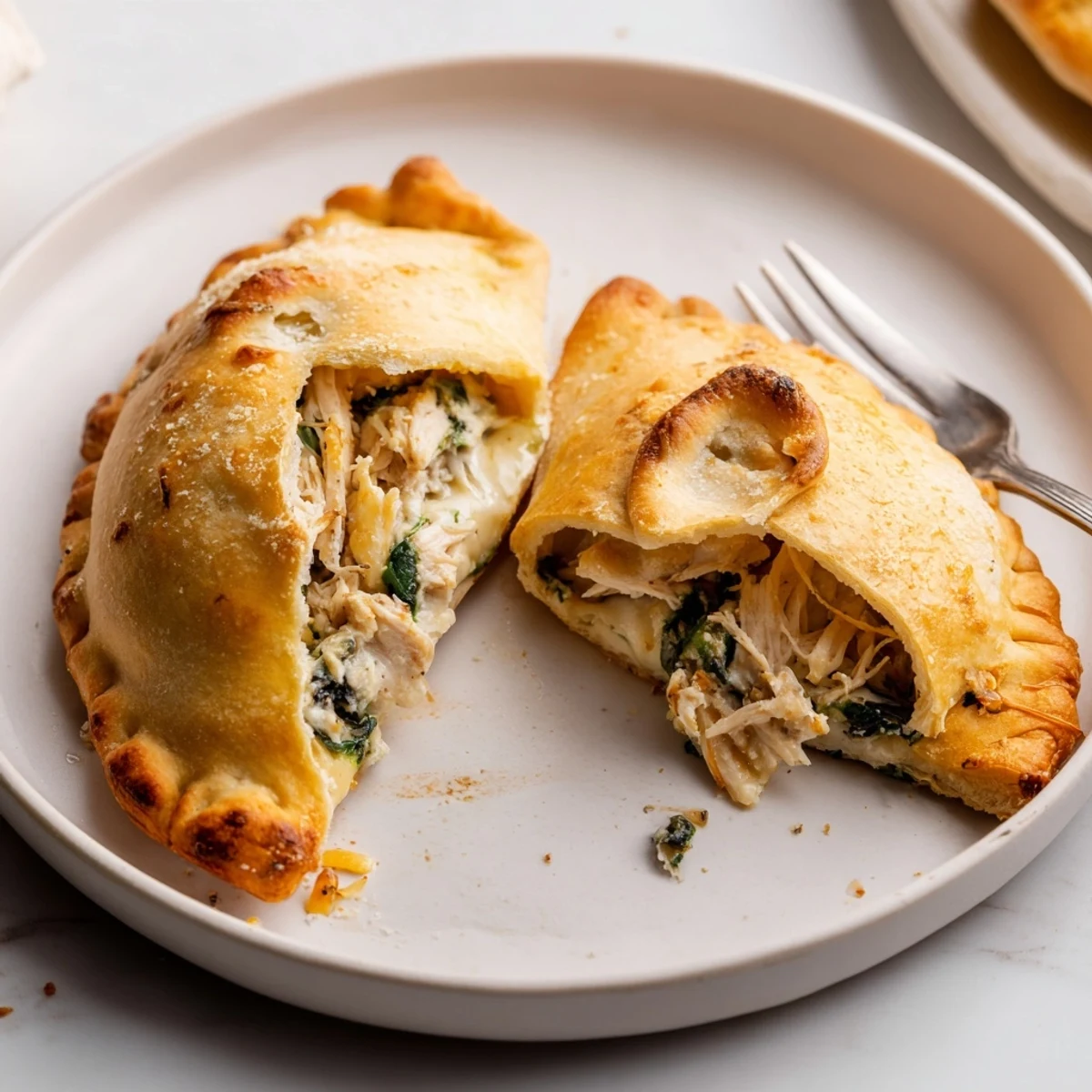 Homestyle Crispy Cheesy Chicken Alfredo Air Fryer Calzones, crisp edge and savory filling