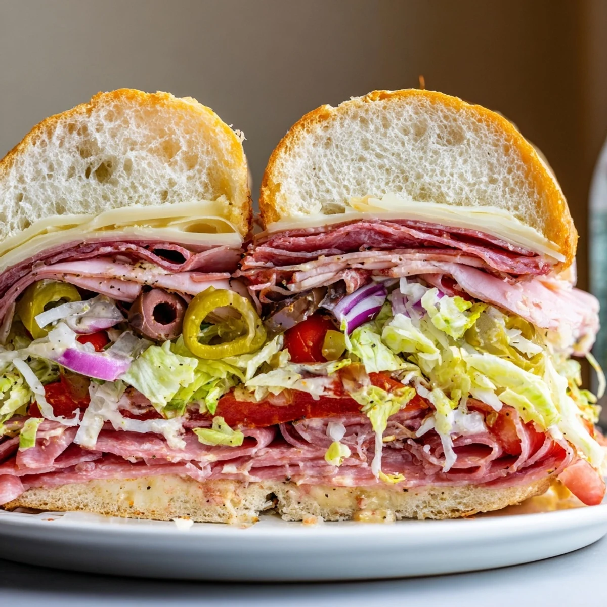Italian Grinder Salad Sandwich piled high with savory meats, crisp salad, toasted roll
