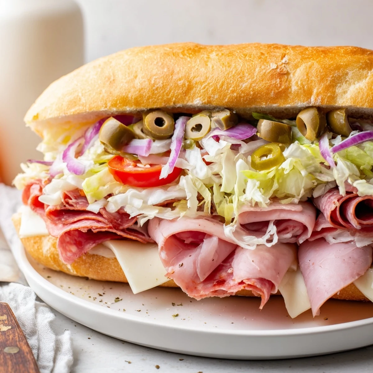 Halved Italian Grinder Salad Sandwich on cutting board, juicy tomatoes and peppery bite