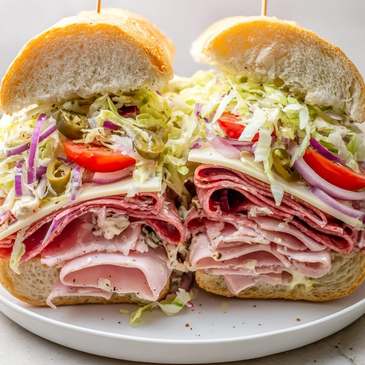 Close up of Italian Grinder Salad Sandwich showing creamy dressing and tangy pepperoncini