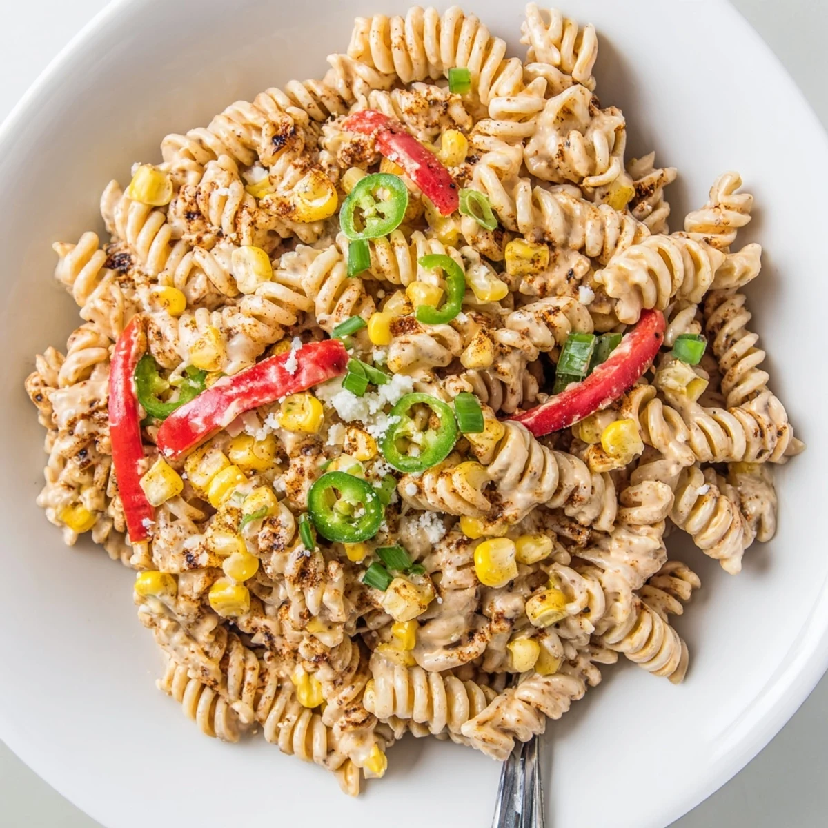 Street Corn Pasta Salad with charred corn, creamy chili-lime dressing, crumbled Cotija