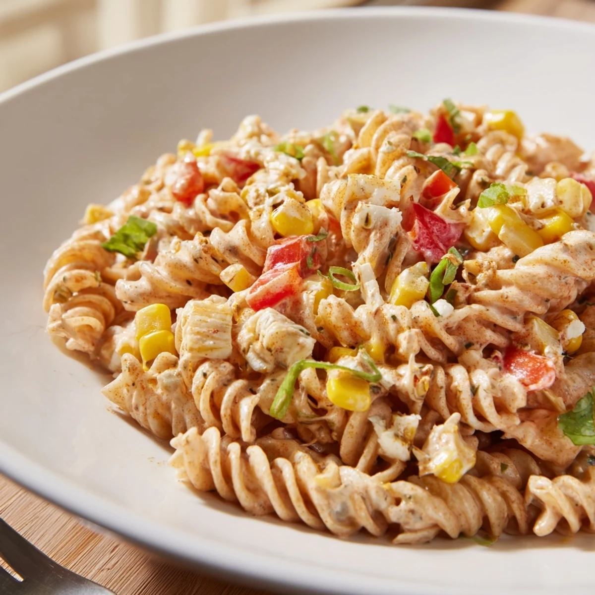 Perfect for barbecues Street Corn Pasta Salad tossed with jalapeño and lime