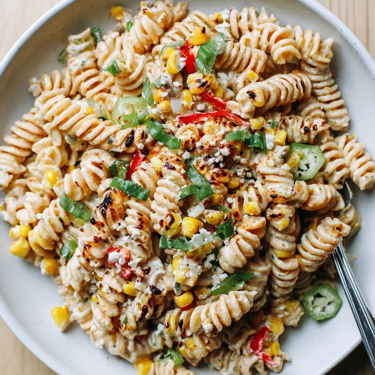 Chilled Street Corn Pasta Salad showing vibrant peppers, scallions, and smoky kernels