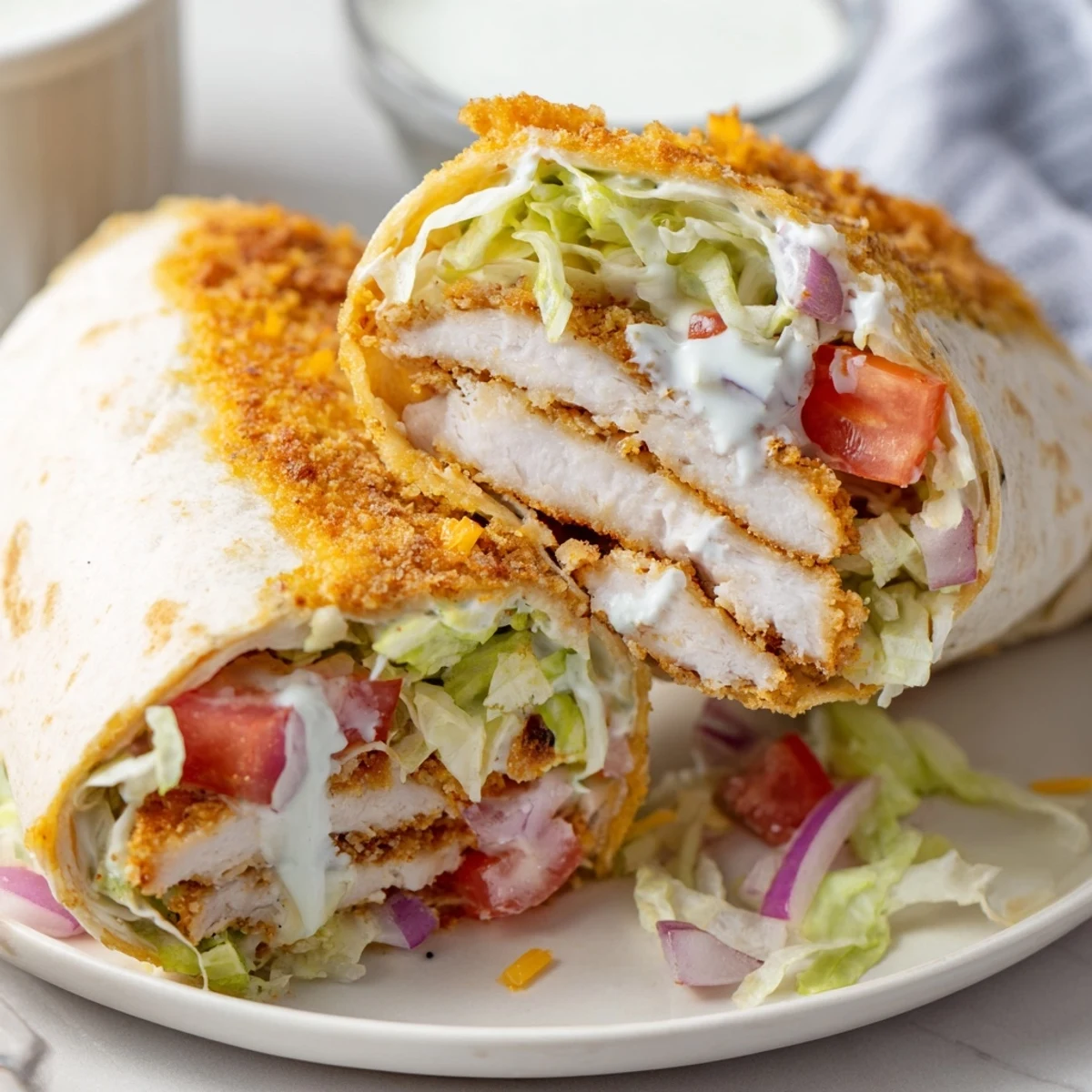 Crispy Chicken Ranch Wrap sliced in half, golden chicken, creamy ranch drizzle.