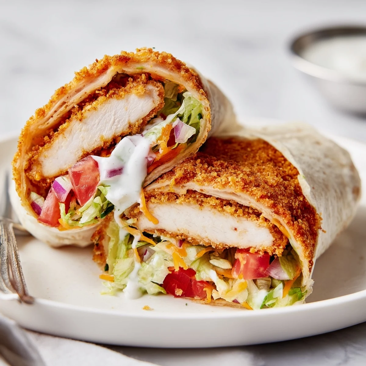 Golden, hand rolled Crispy Chicken Ranch Wrap with shredded romaine and cheddar.