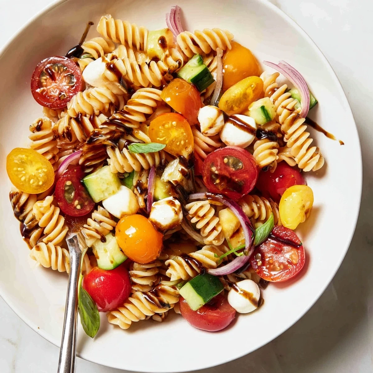Colorful Caprese Pasta Salad with glossy cherry tomatoes and fresh basil garnish.