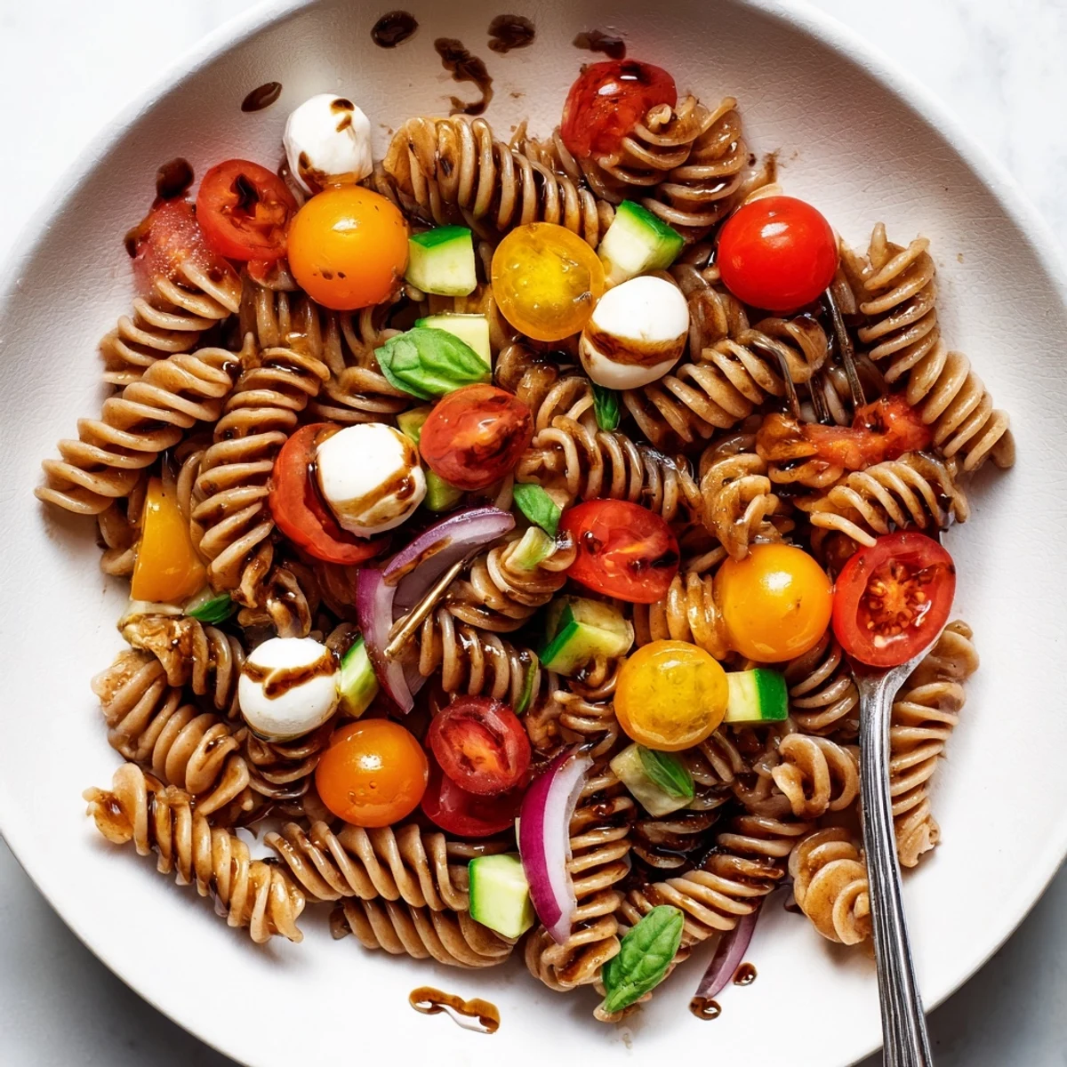 A Colorful Caprese Pasta Salad studded with fresh mozzarella, cucumber, and yellow pepper.