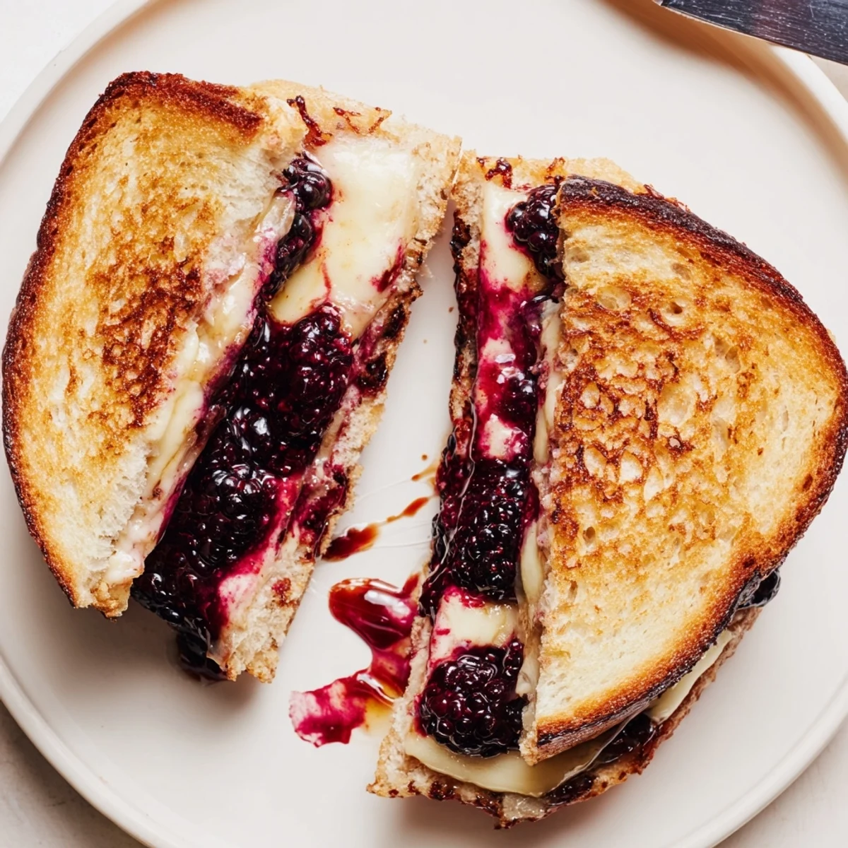 Blackberry Balsamic and Brie Grilled Cheese served warm with buttery, crisp bread.