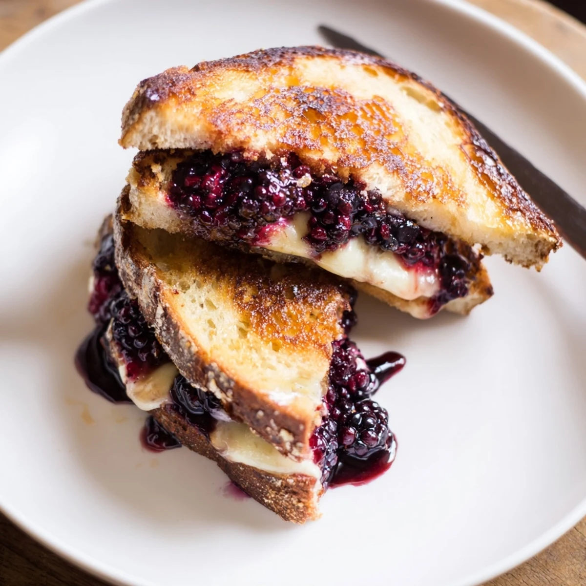 Blackberry Balsamic and Brie Grilled Cheese sliced, oozing creamy cheese and tart berries.