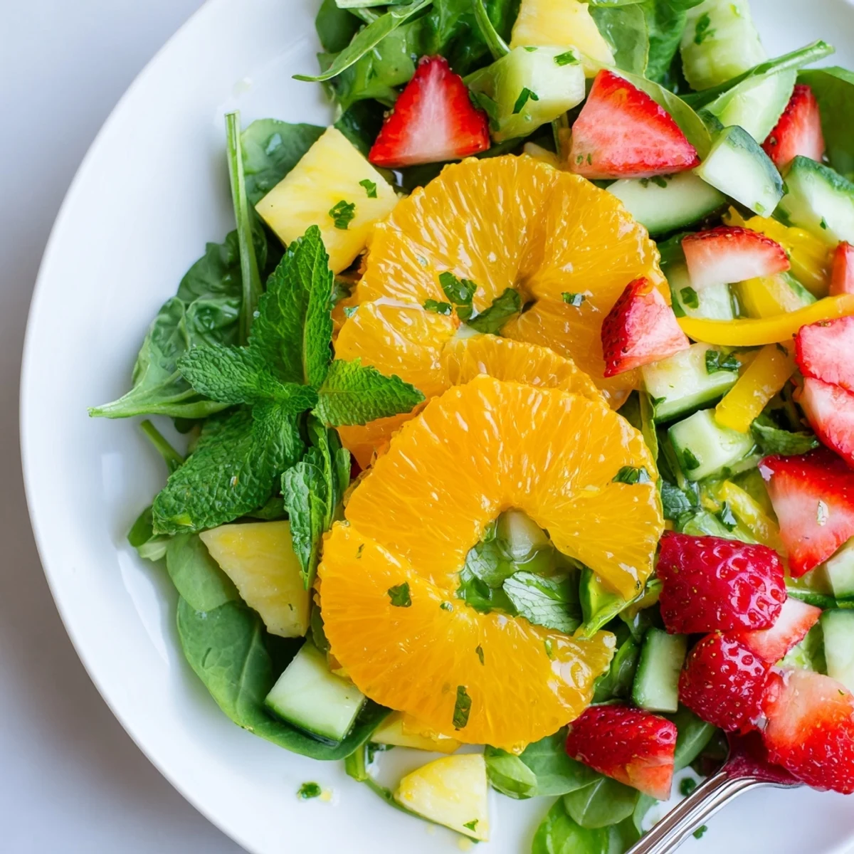 Bright Sunshine Salad piled with sliced oranges, pineapple, mint, and cucumber