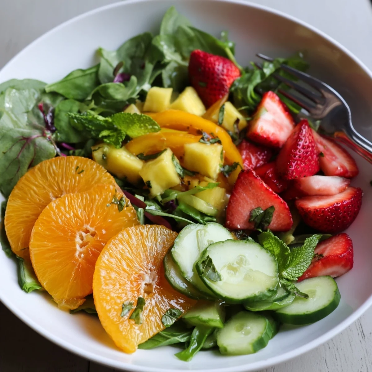 Sunshine Salad with citrus, juicy berries, and crisp greens drizzled with honey-lime dressing