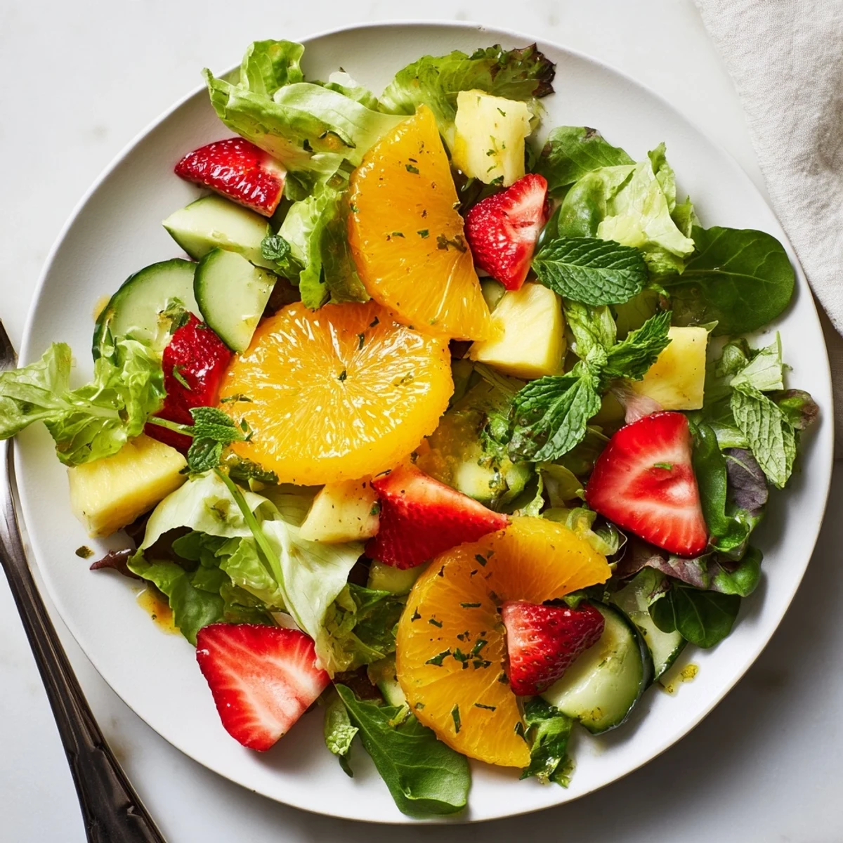 Chilled Sunshine Salad tossed gently, perfect summer side with honey-lime zing