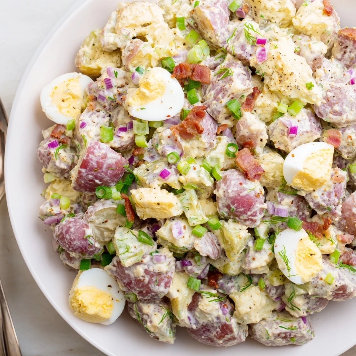 Chilled Steakhouse Potato Salad piled on plate, tangy pickles and scallions