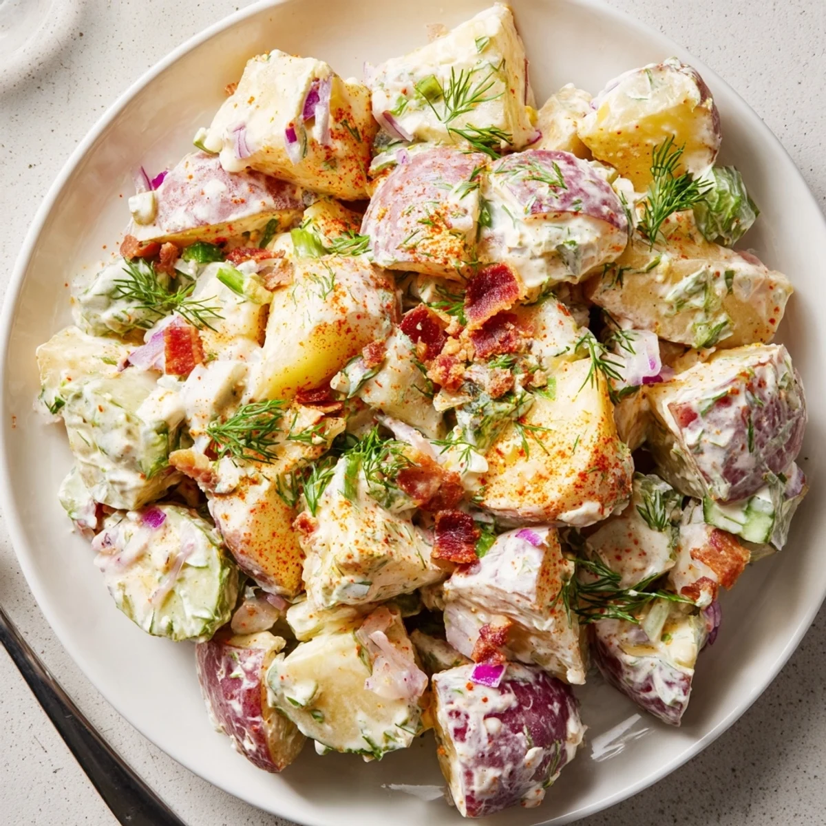 Steakhouse Potato Salad with crispy bacon, creamy dressing, and fresh chives