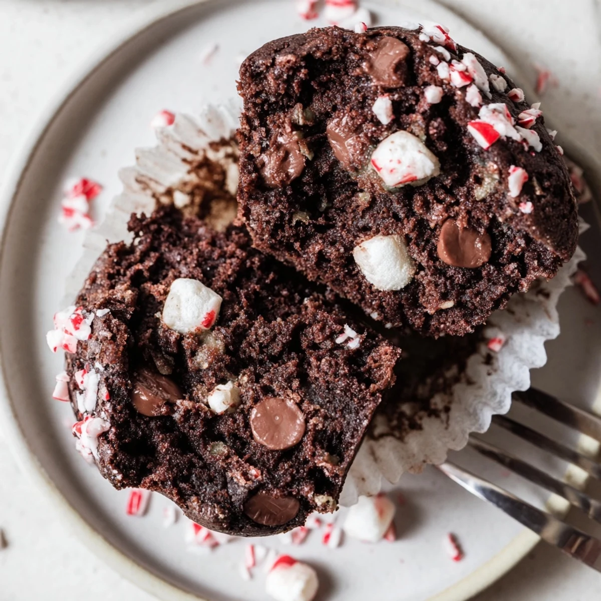 Peppermint Hot Chocolate Muffins fresh from oven, chocolatey crumb and mint aroma