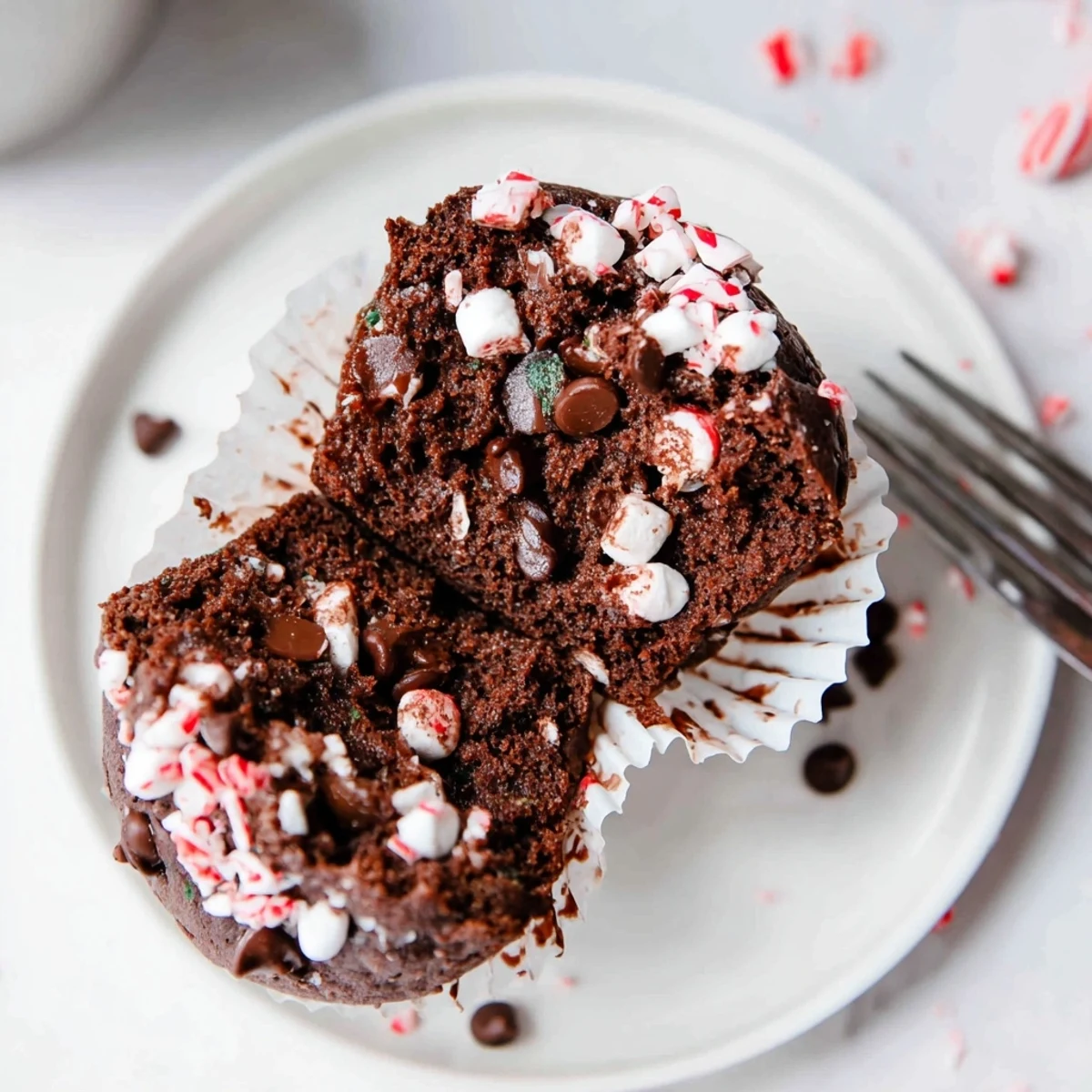 Plate of Peppermint Hot Chocolate Muffins with whipped cream swirl, marshmallow garnish