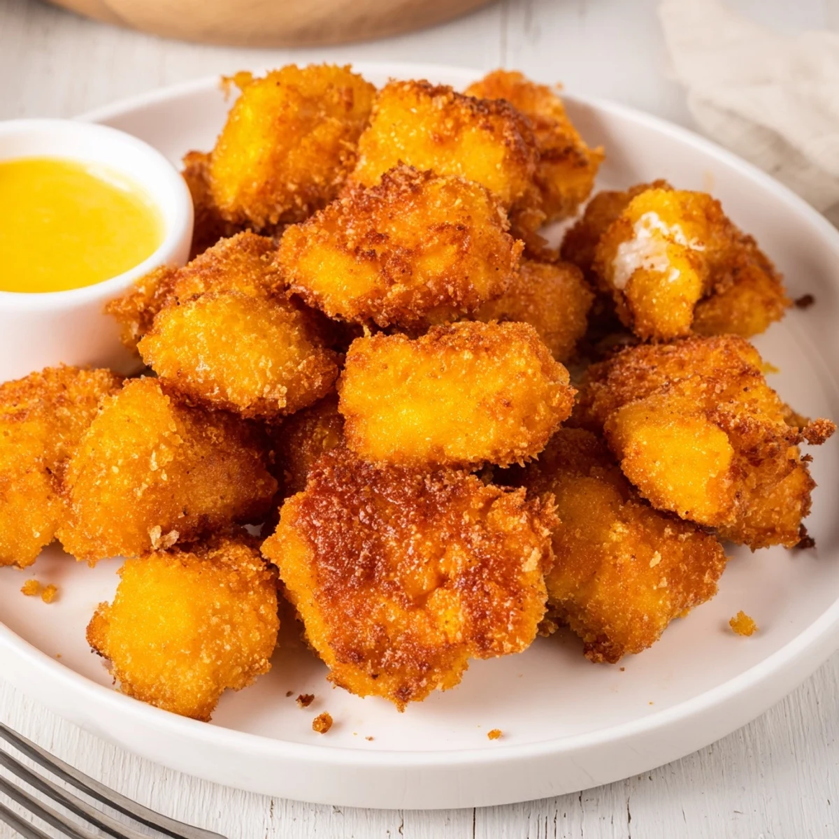 Golden, crispy Chicken Bites piled on a plate with ranch drizzle