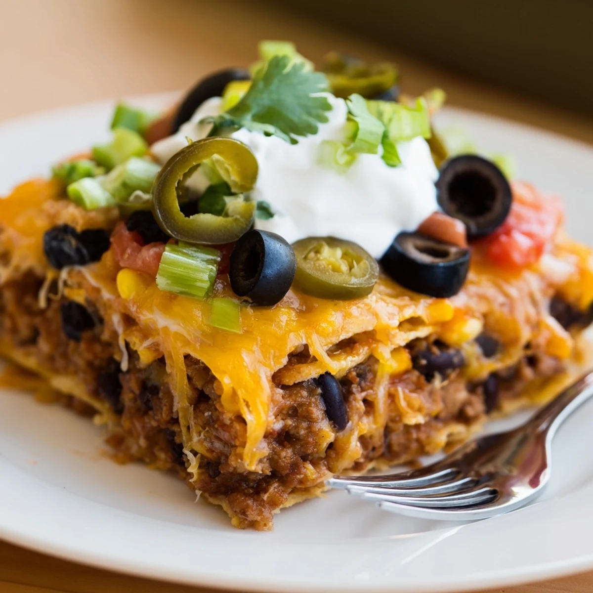 Cheesy Nacho Casserole bubbling golden with melted cheddar, ready for game night