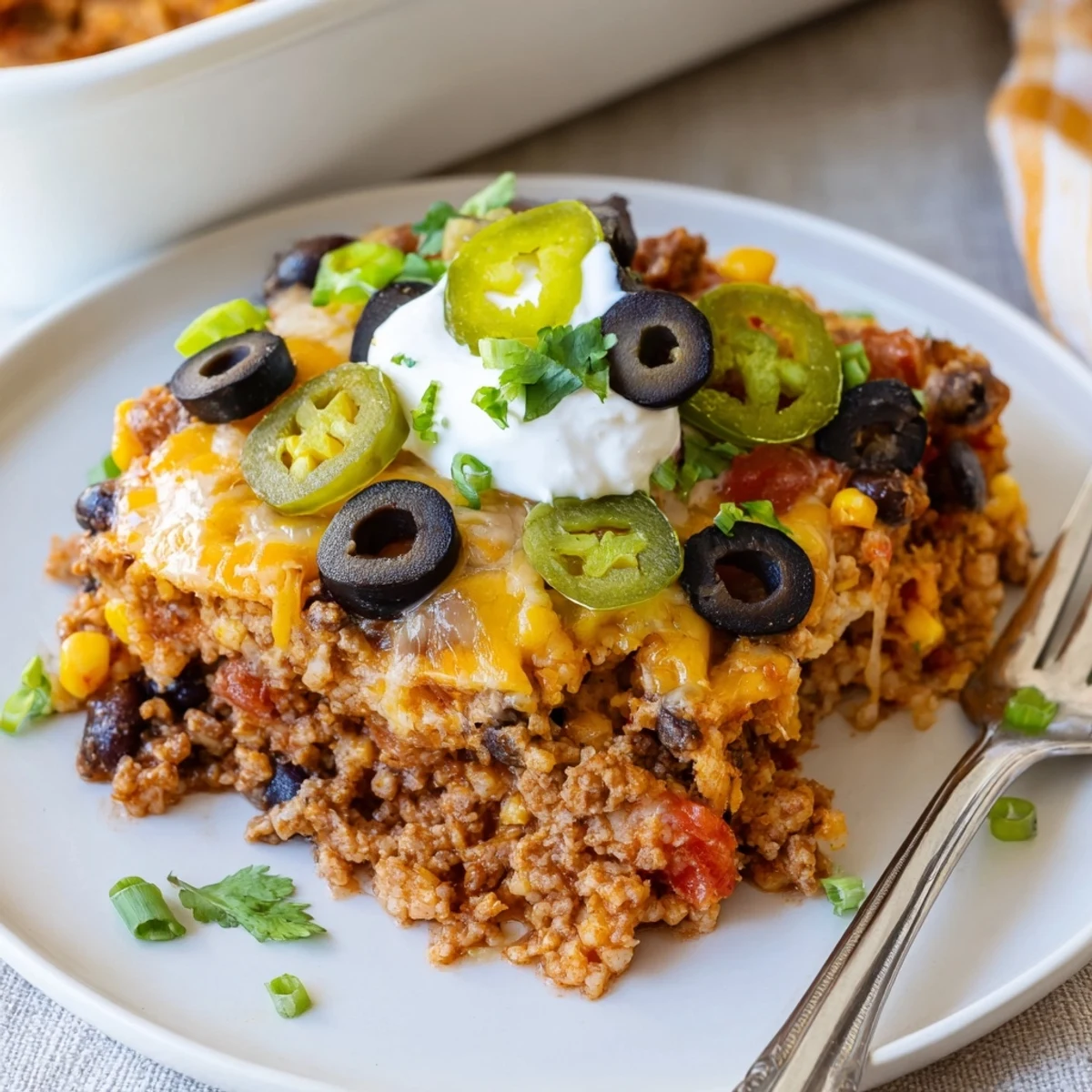 Oven hot Cheesy Nacho Casserole topped with jalapeños, green onions, and cilantro