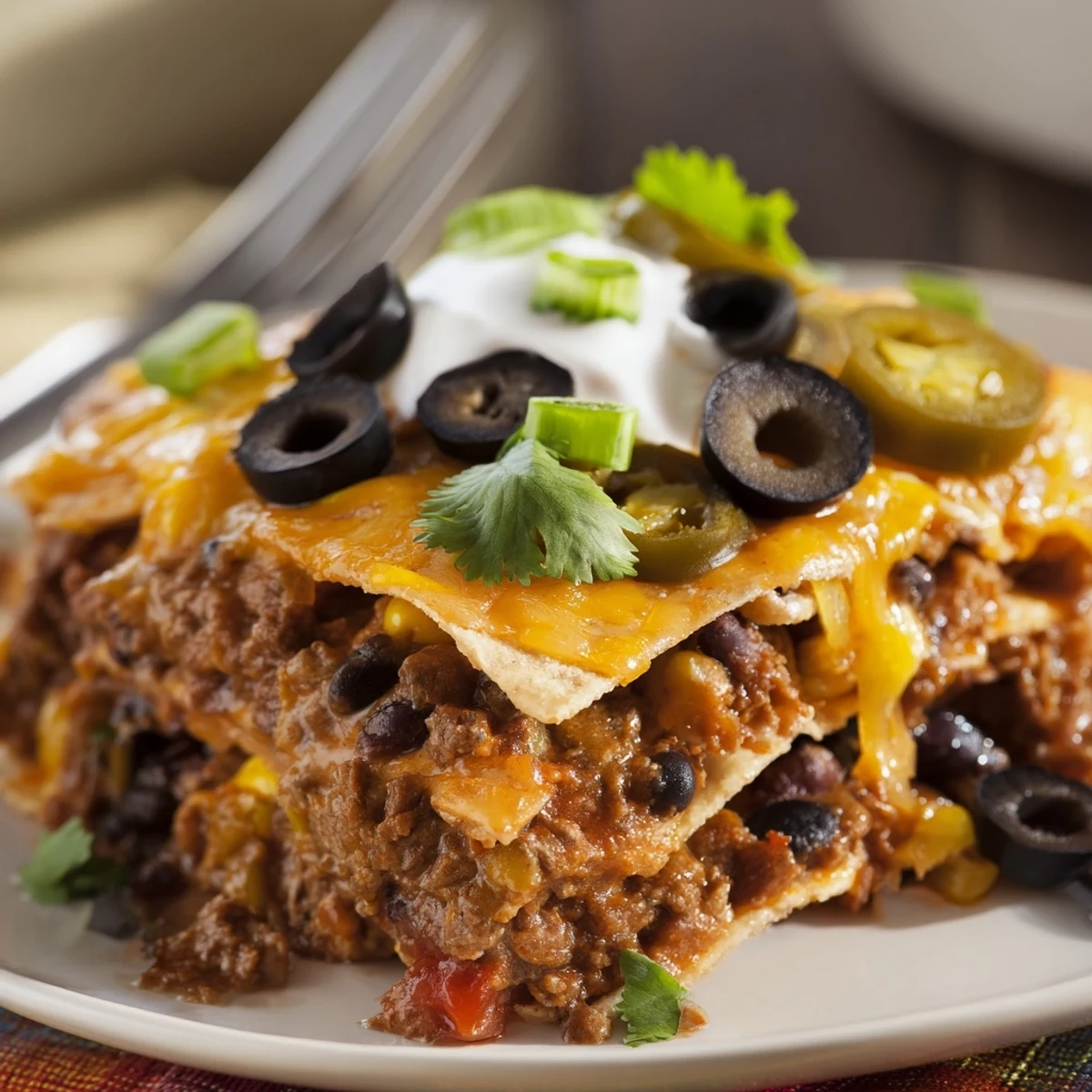 Spoonful of Cheesy Nacho Casserole showing layers of seasoned beef and chips