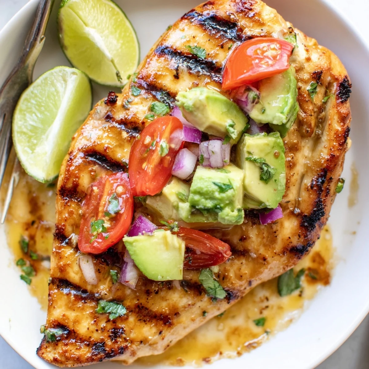 Grilled Fiesta Lime Chicken With Avocado topped with chunky tomato-cilantro salsa  