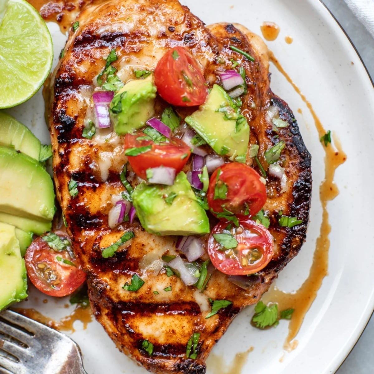 Bright, juicy Fiesta Lime Chicken With Avocado finished with melted cheese and cilantro
