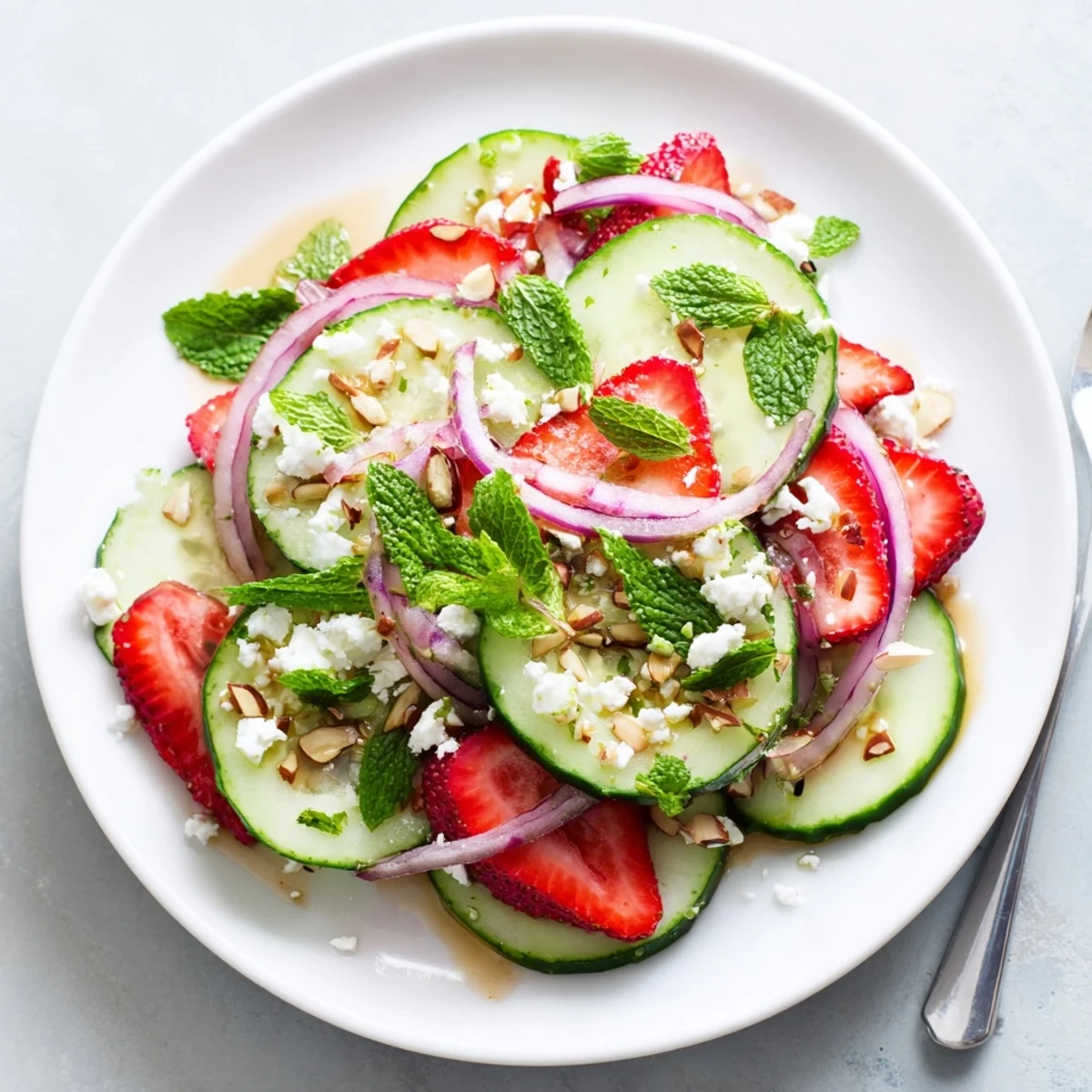 Cucumber Strawberry Salad Recipe with crisp cucumber slices, juicy strawberries, fresh mint
