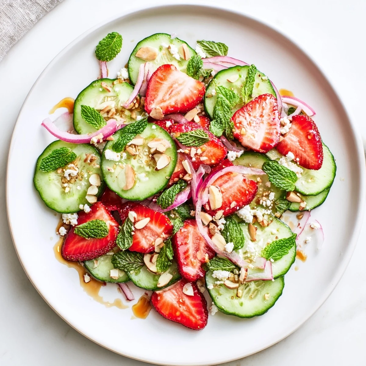 Bright Cucumber Strawberry Salad Recipe tossed in tangy balsamic honey dressing, served chilled