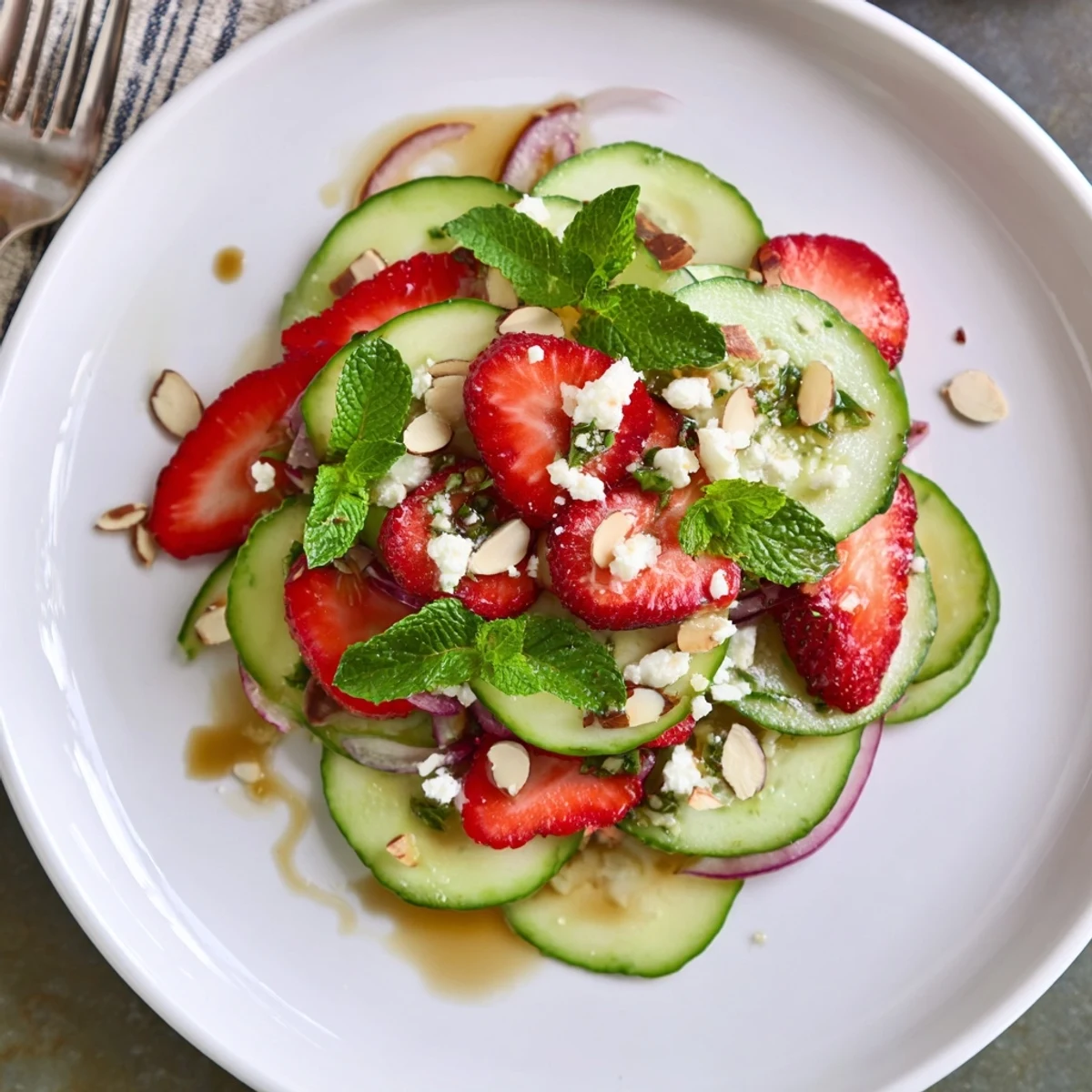 Easy Cucumber Strawberry Salad Recipe garnished with feta and toasted almonds, summer ready
