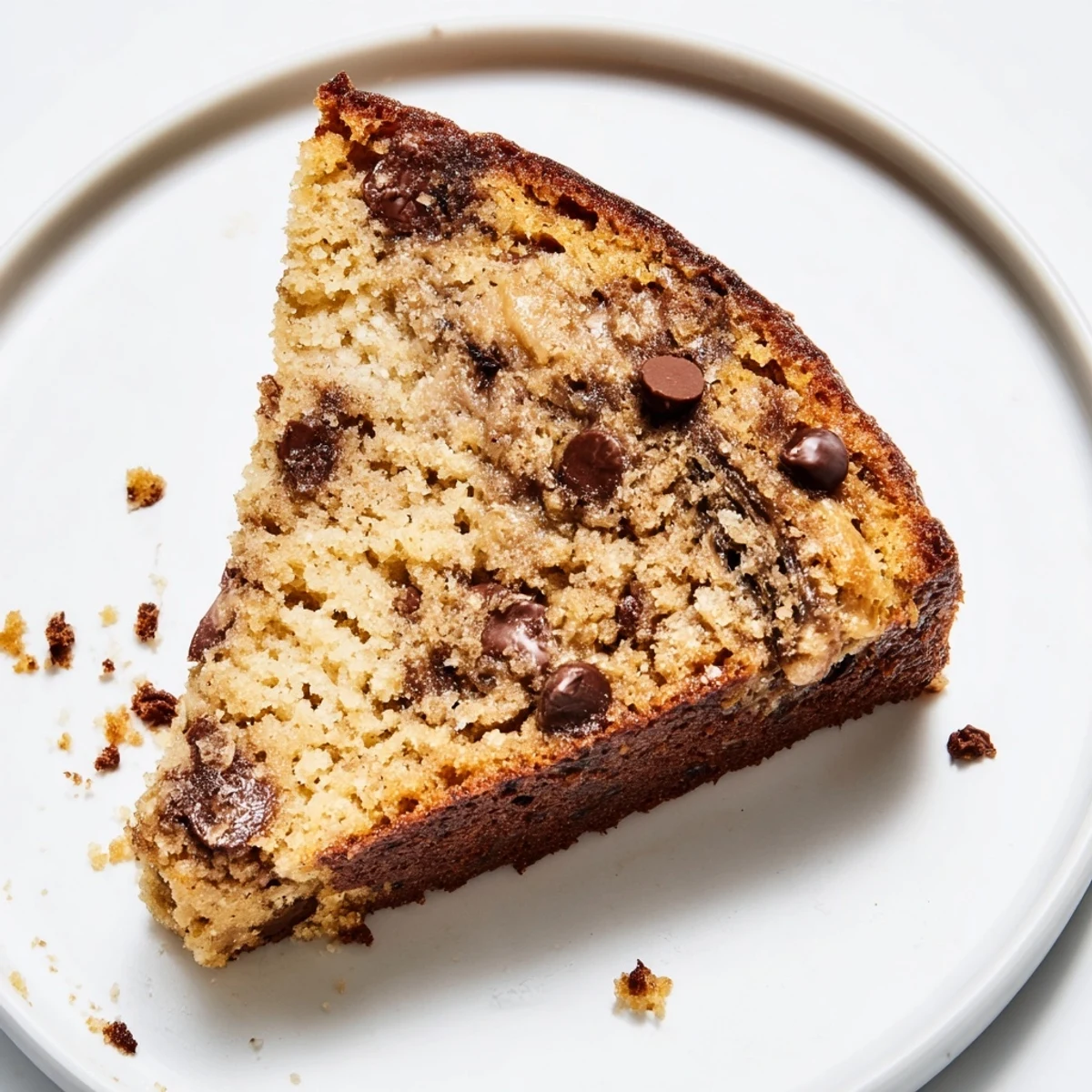 Homestyle Banana Chocolate Chip Cake recipe topped with glossy chips, banana aroma