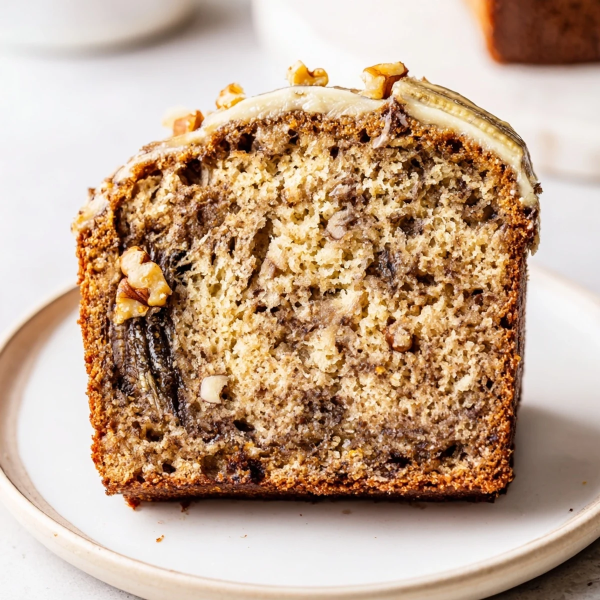 Banana Bread Cake Recipe showing a warm slice with cinnamon scented crumb