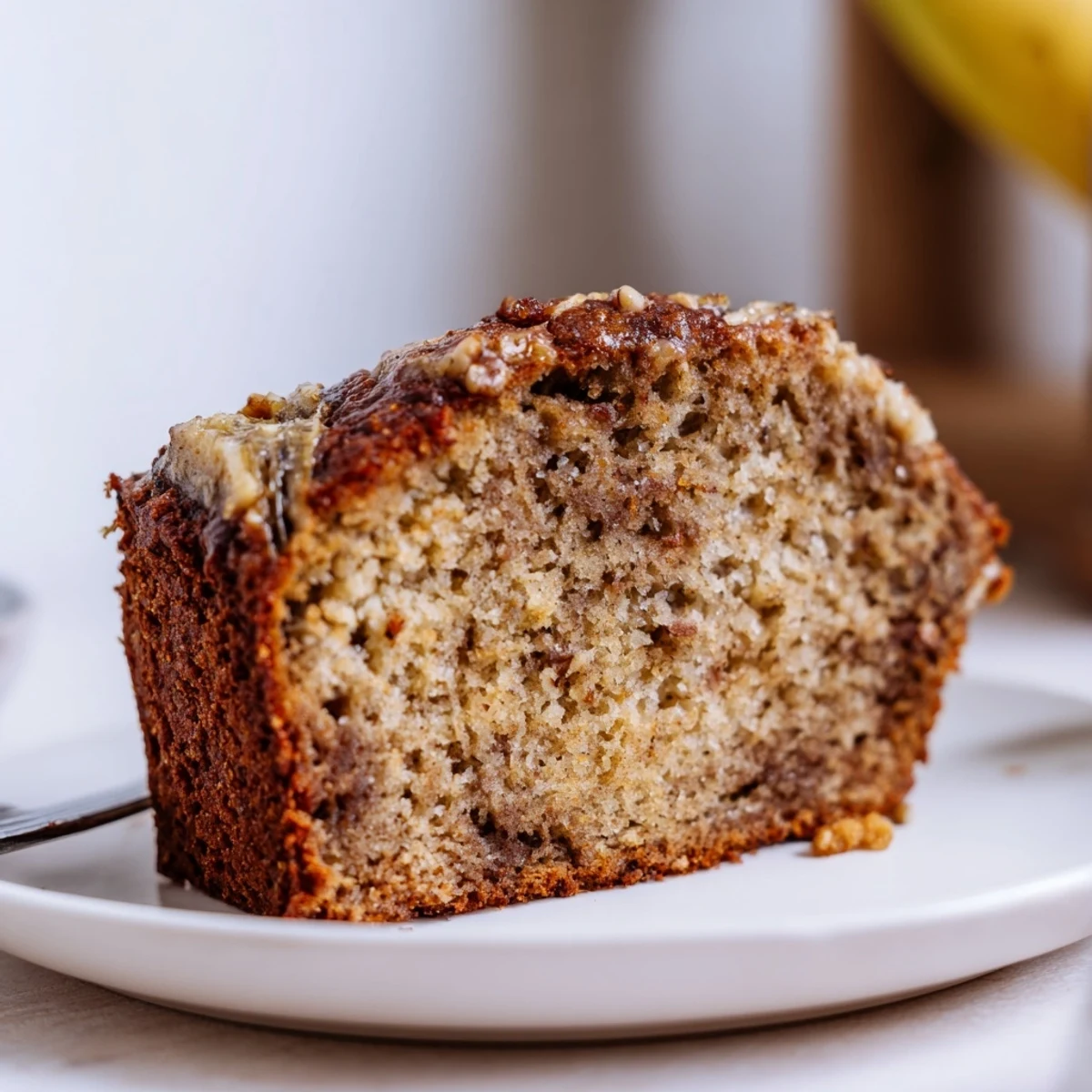 Close up of Banana Bread Cake Recipe topped with melting cream cheese frosting