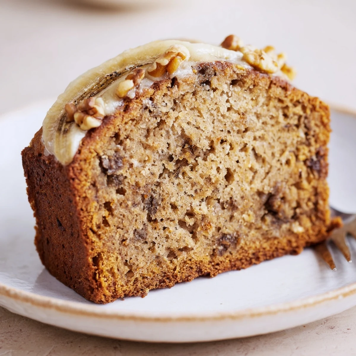 Glass plate holds Banana Bread Cake Recipe slices, moist crumb, toasted pecans