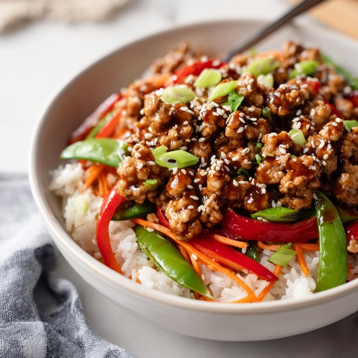 Teriyaki Turkey Rice Bowls with glossy sauce, tender turkey, served over rice.