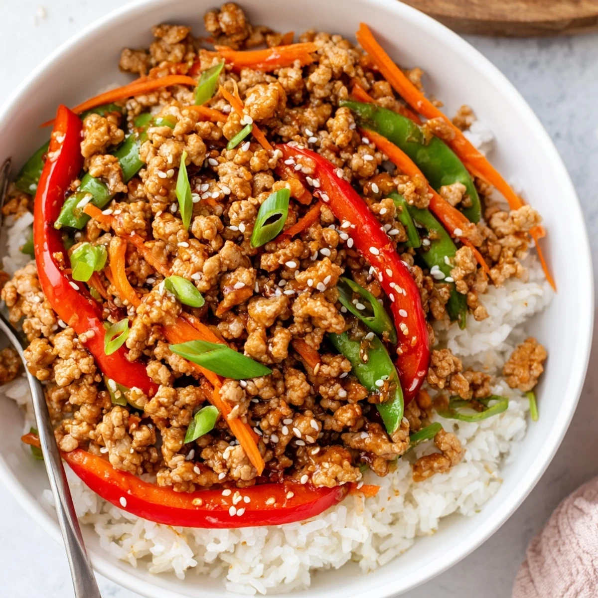 Warm Teriyaki Turkey Rice Bowls topped with toasted sesame seeds and scallions.
