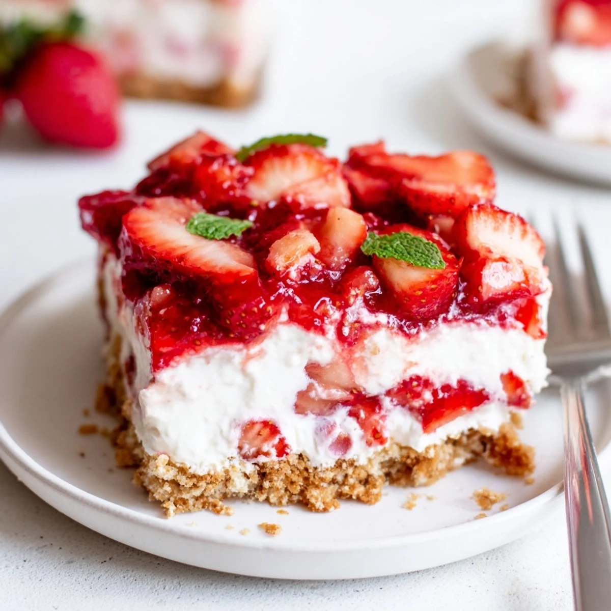 Creamy, chilled No Bake Strawberry Shortcake Dessert layered with juicy strawberries