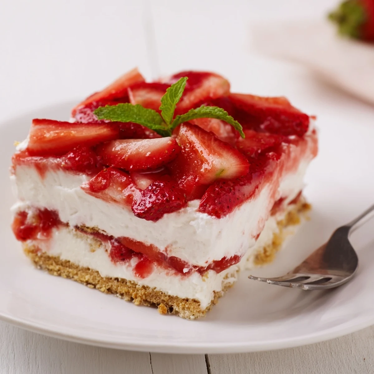 Chilled No Bake Strawberry Shortcake Dessert in glass dish, crumbly graham base