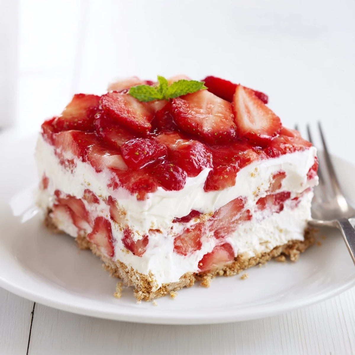 Spoonful of No Bake Strawberry Shortcake Dessert showing airy cream and macerated berries
