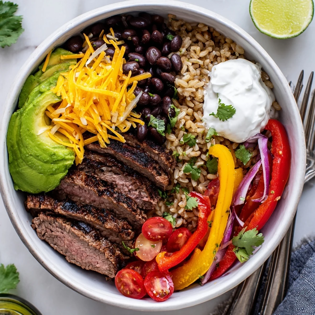 Steak Fajita Power Bowls with sizzling marinated steak, charred peppers, creamy avocado.