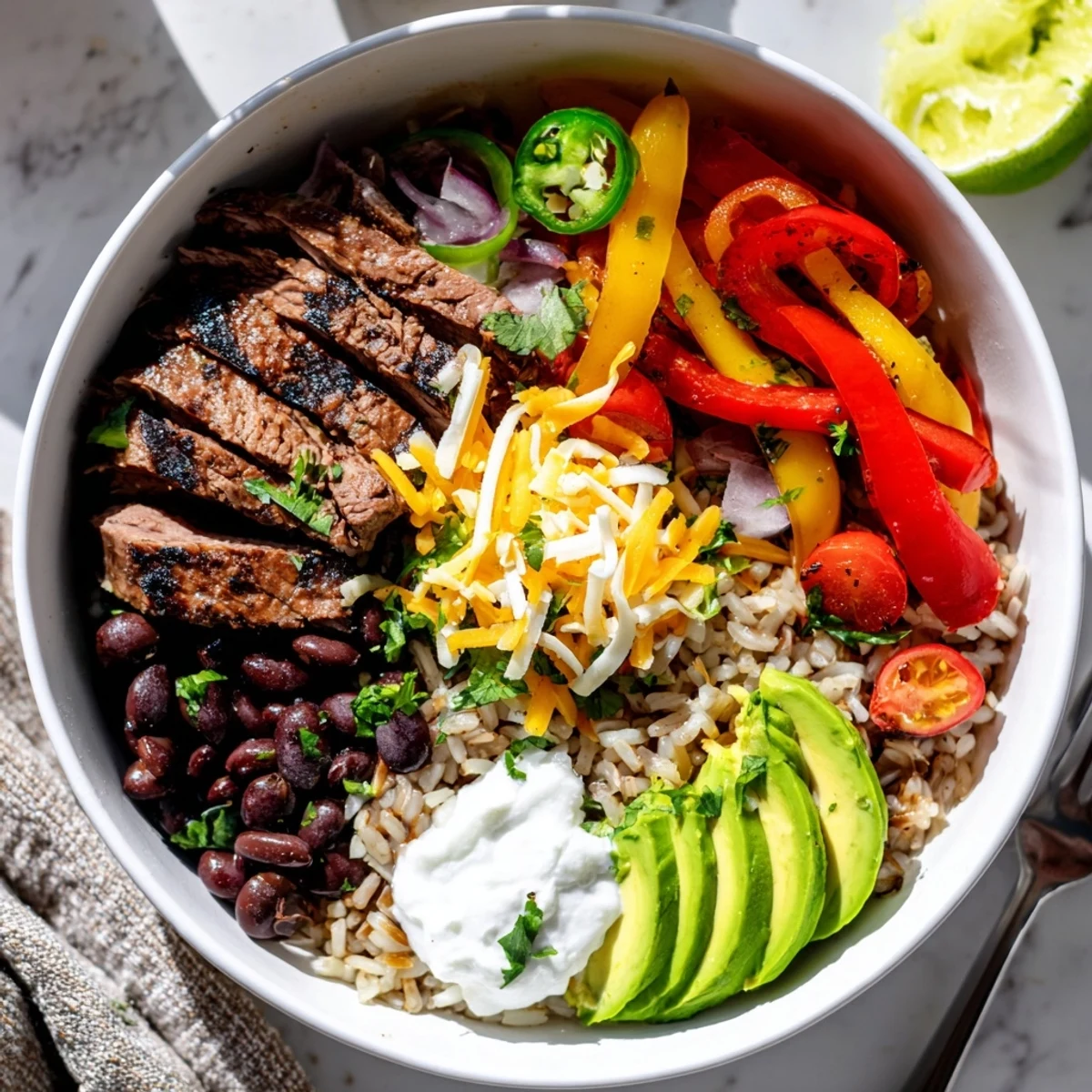 Bright Steak Fajita Power Bowls layered over brown rice, zesty lime wedges.