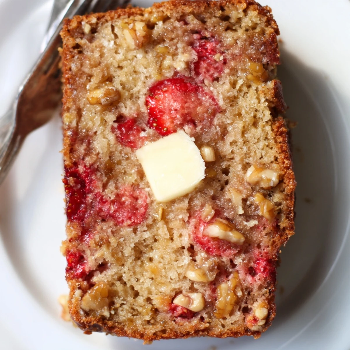 Strawberry Banana Bread Recipe showing moist loaf sliced, tender crumb, soft aroma