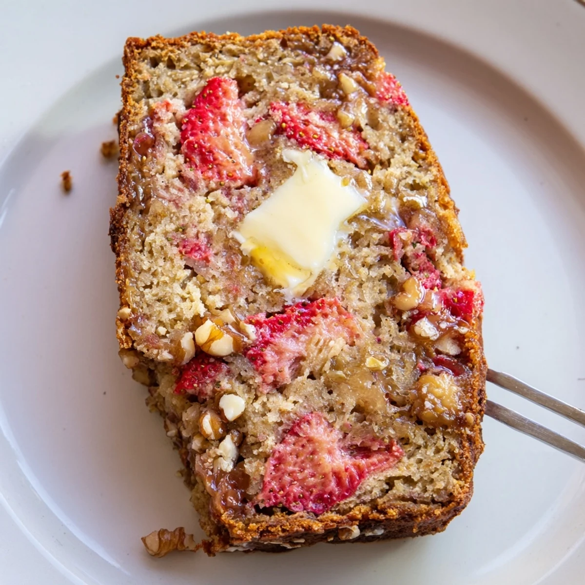 Strawberry Banana Bread Recipe, perfect for breakfast, plated with honey drizzle and chopped walnuts