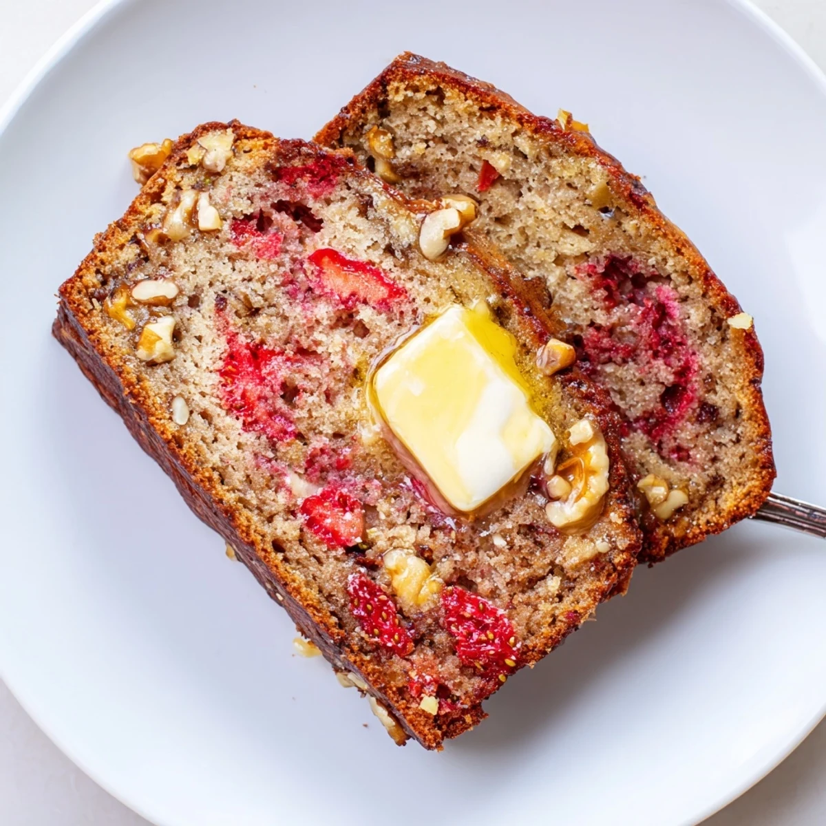 Warm Strawberry Banana Bread Recipe on wire rack, butter melting, steam rising