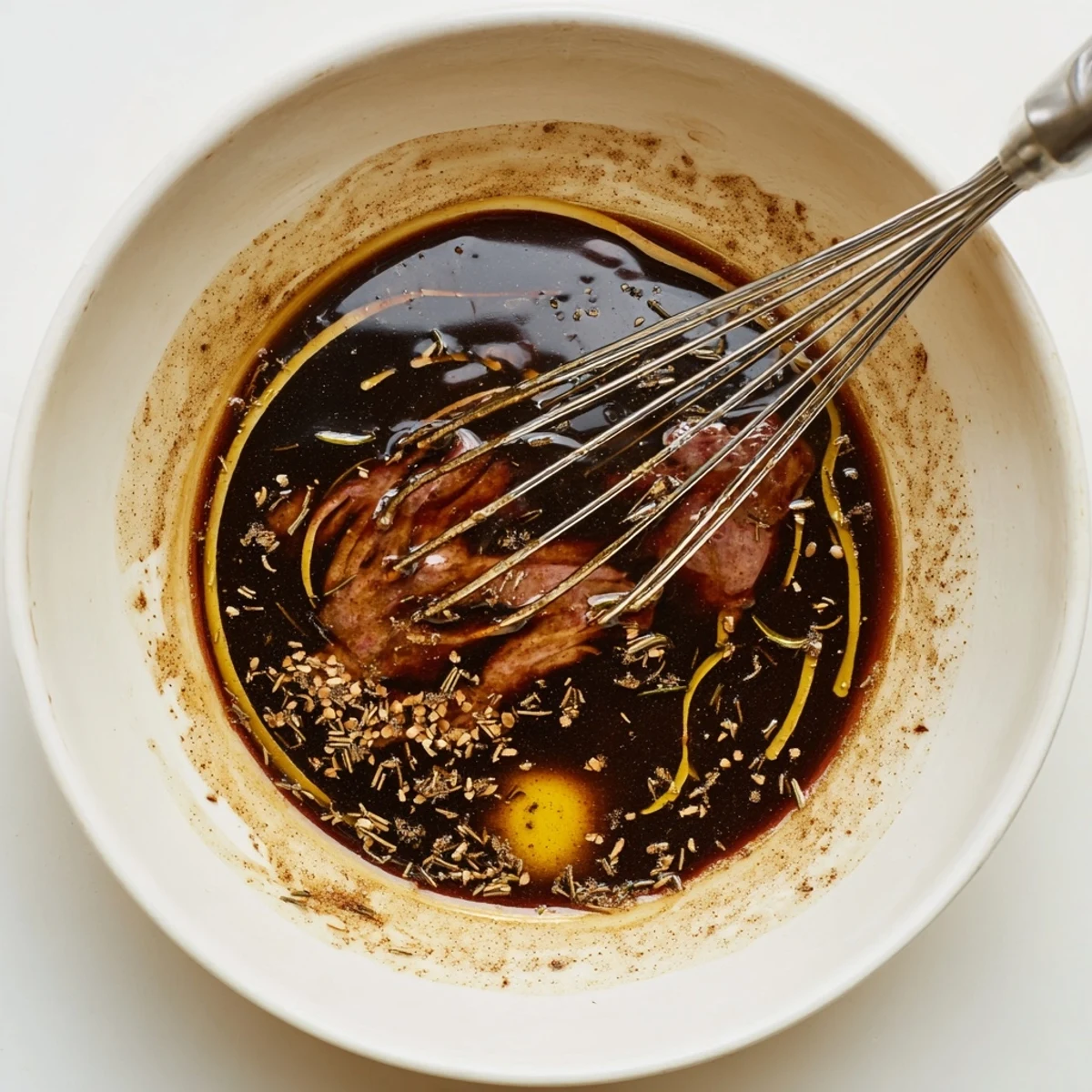 Homemade Steak Marinade bathing ribeye, tangy balsamic and lemon brightening flavors