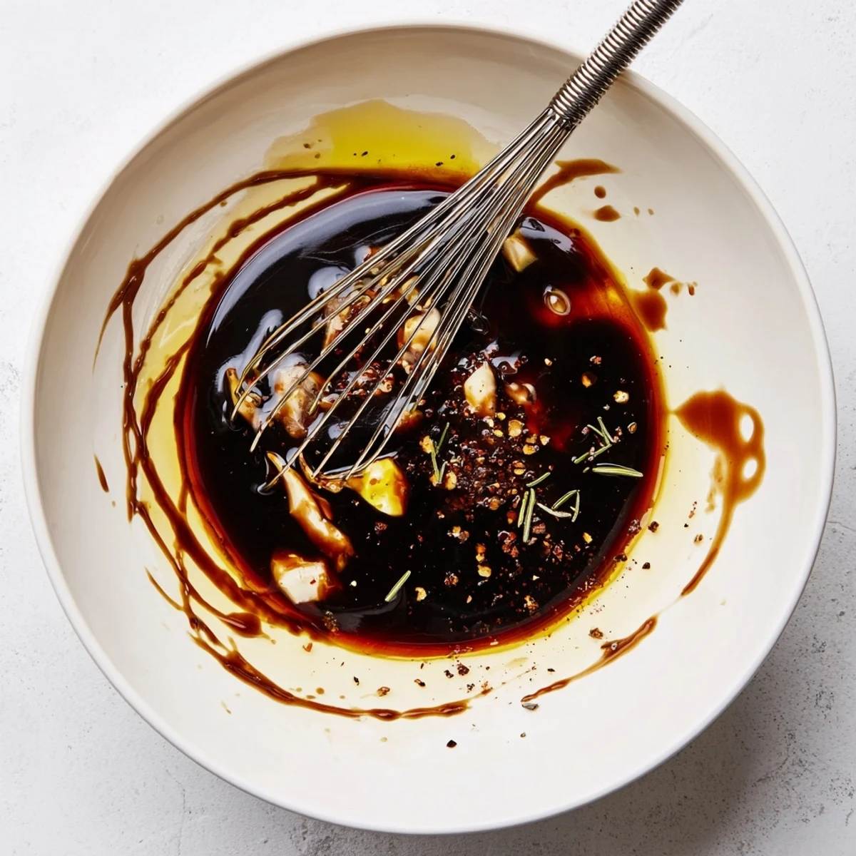Overnight Steak Marinade in a glass bowl, glossy soy-balsamic sheen, ready to grill