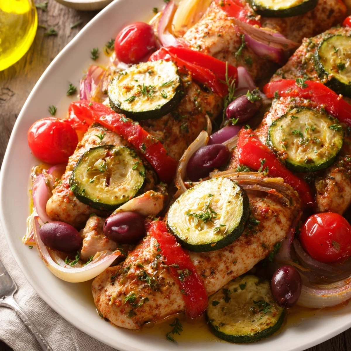 Sheet Pan Mediterranean Chicken Zucchini roasted golden with cherry tomatoes and olives