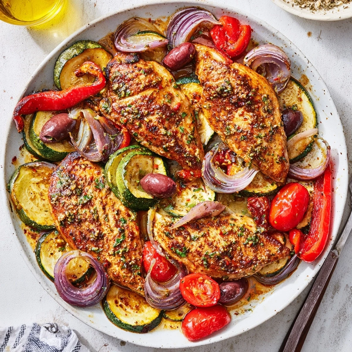 Juicy Sheet Pan Mediterranean Chicken Zucchini topped with crumbled feta and parsley